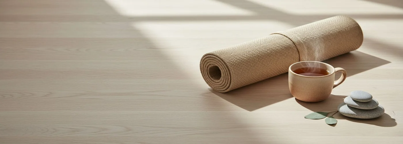 A rolled yoga mat, ceramic cup and stacked stones on pale wood.
