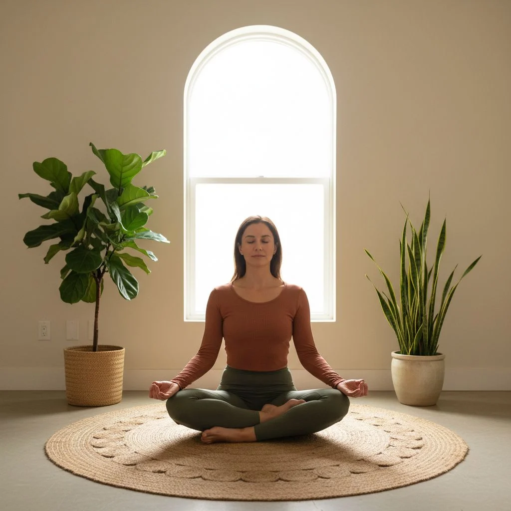 A woman in earth-toned yoga attire seated on the floor of a bright, minimalist studio.