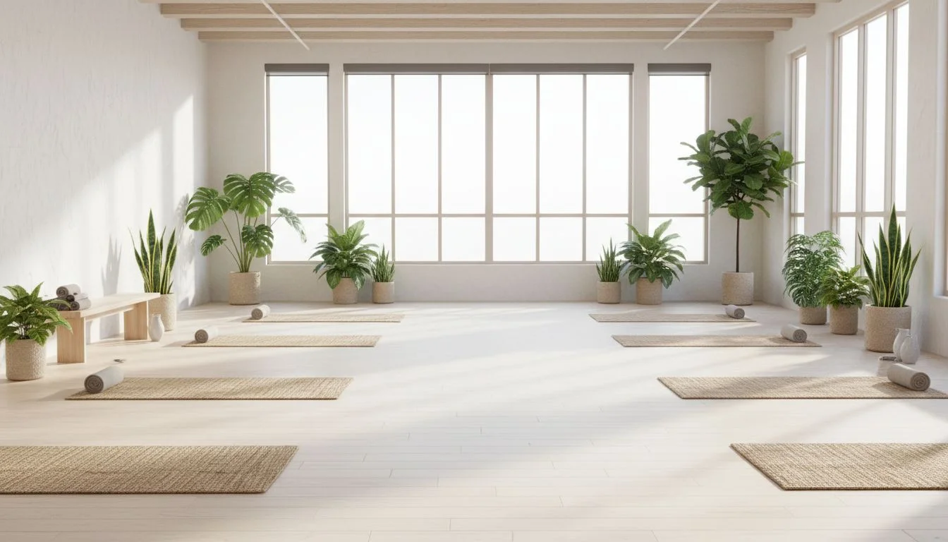 A bright studio with natural light across woven yoga mats and potted plants.