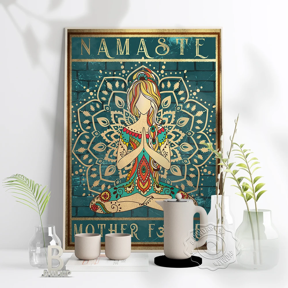 Yoga Blue Green Namaste Poster Mother Retro Nordic Style Meditation Wall Art Pictures Yoga Gym Home Living Room Decoration Gift