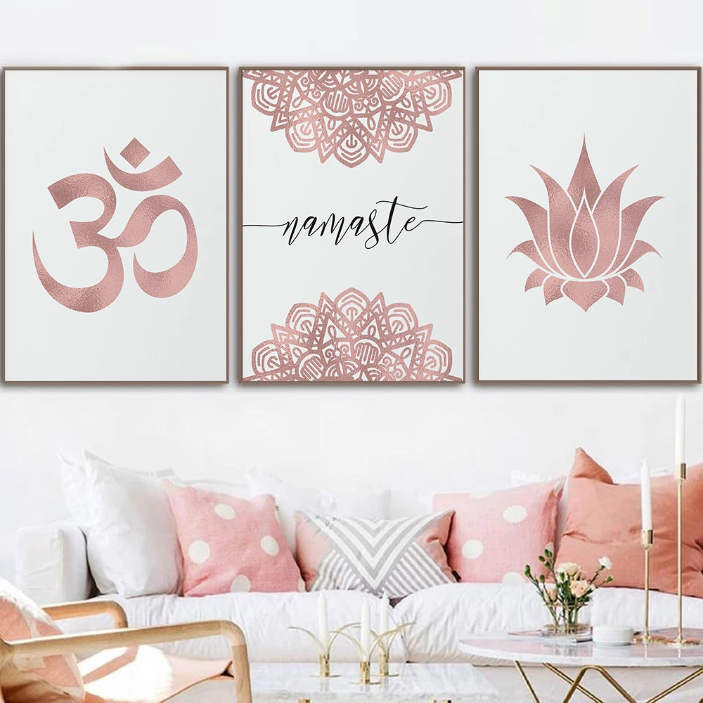 Pink Rose Lotus Print Zen Yoga Wall Art Canvas Painting Picture Namaste Quotes Modern Minimalist Poster Home Room Decoration