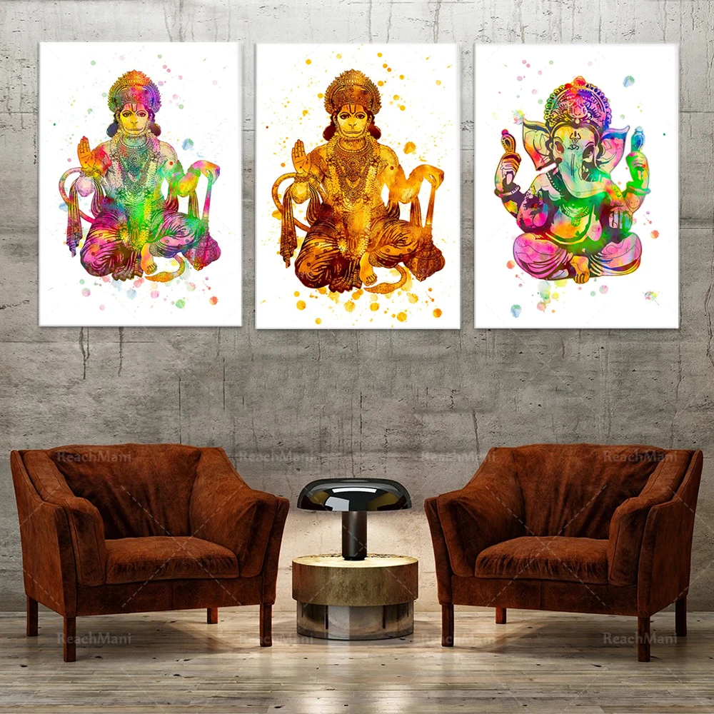 Lord Ganesha painting, Ganesh poster, Hanuman painting, Lord Hanuman poster, Indian art meditation poster, yoga gift spiritual a