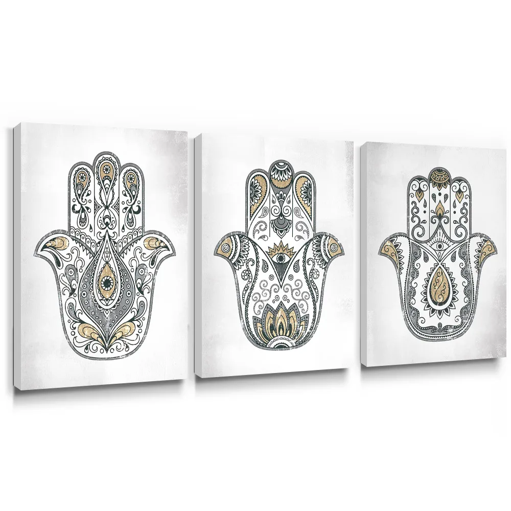 Hamsa Hand Wall Art Boho Canvas Painting Zen Yellow Grey Posters for Rustic Bedroom Living Room Yoga Room Home Decor Picture