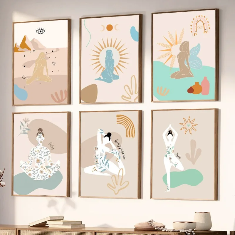 Boho Yoga Girl Flower Abstract Mystical Girl Sun Moon Posters Prints Canvas Painting Wall Art Picture for Living Room Home Decor