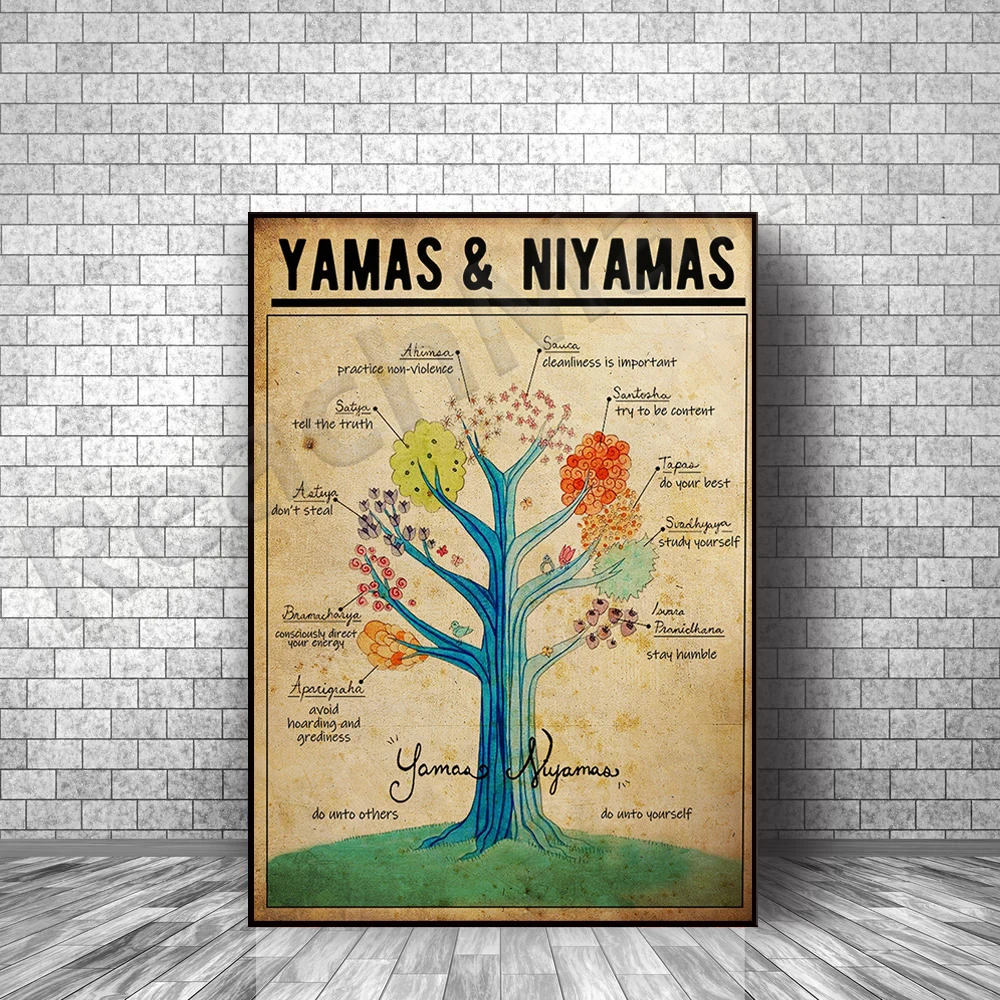 Yamas and Niyamas Poster, Yamas and Niyama Raja Yoga Print, Chakra Guide, Vintage Yoga Wall Art, Yoga Studio Decor, Yoga Lovers