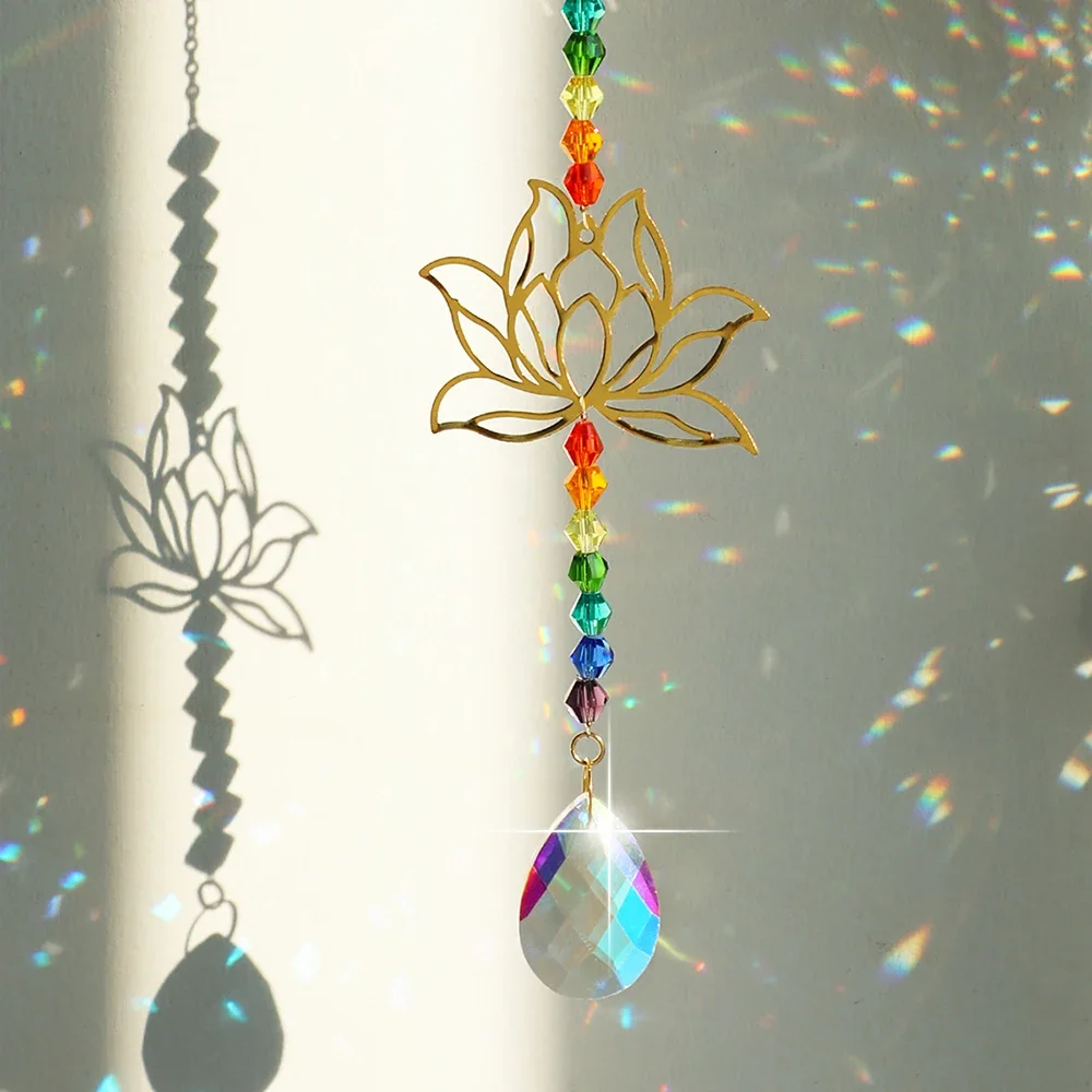 Lotus Sun Catcher Rainbow Suncatcher Car Charm Chakra Hanging Crystals Stained Glass Prism Sun Catchers Window Garden Decoration