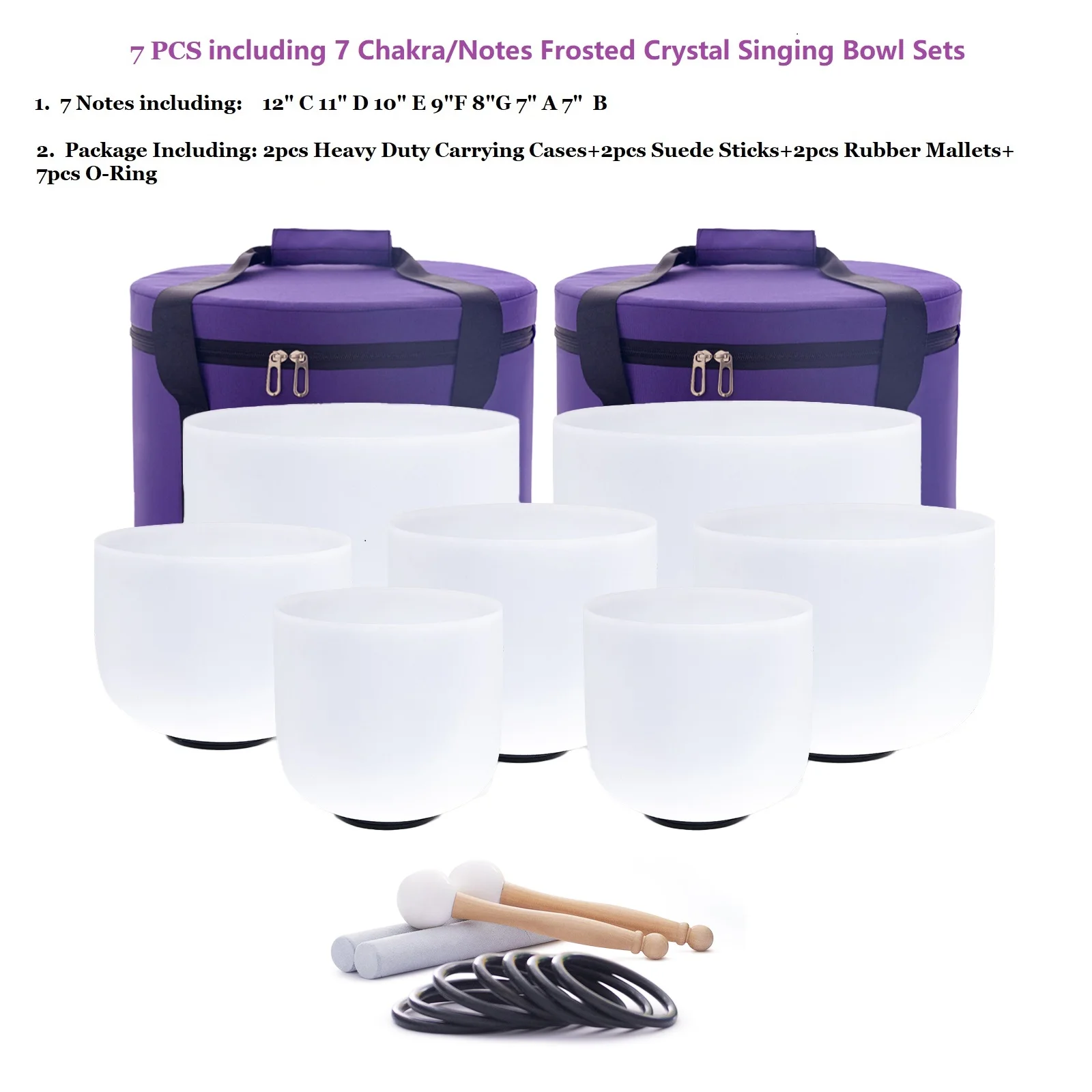 Hye-eun 7pcs 7″-12″ Crystal Singing Bowls Chakra Set of 7 with Carrying Cases for Yoga Medication Sound Healing Deep Relaxation