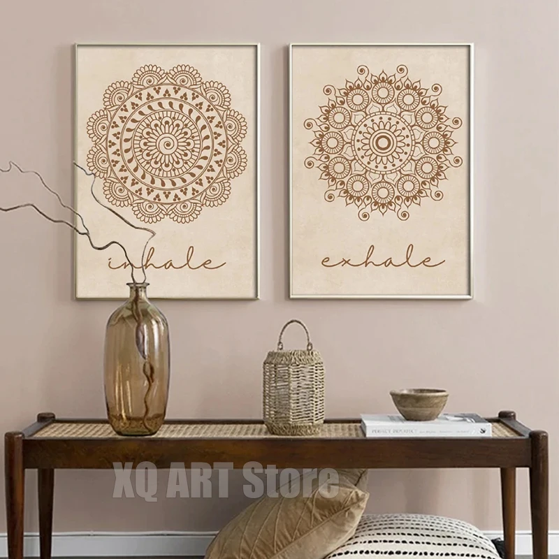 Mandala Wall Art Yoga Beige Bohemia Prints Inhale Exhale Canvas Paintings Posters Abstract Line Flower Pictures Home Room Decor