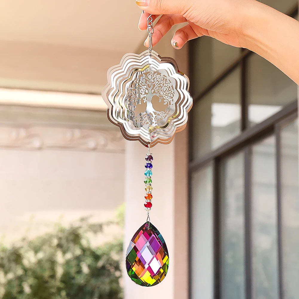 Chakra Crystal Wind Chimes Spinner Sun Catcher Prism Metal Tree of Life Hanging Pendant Light Catching Home Wedding Garden Decor