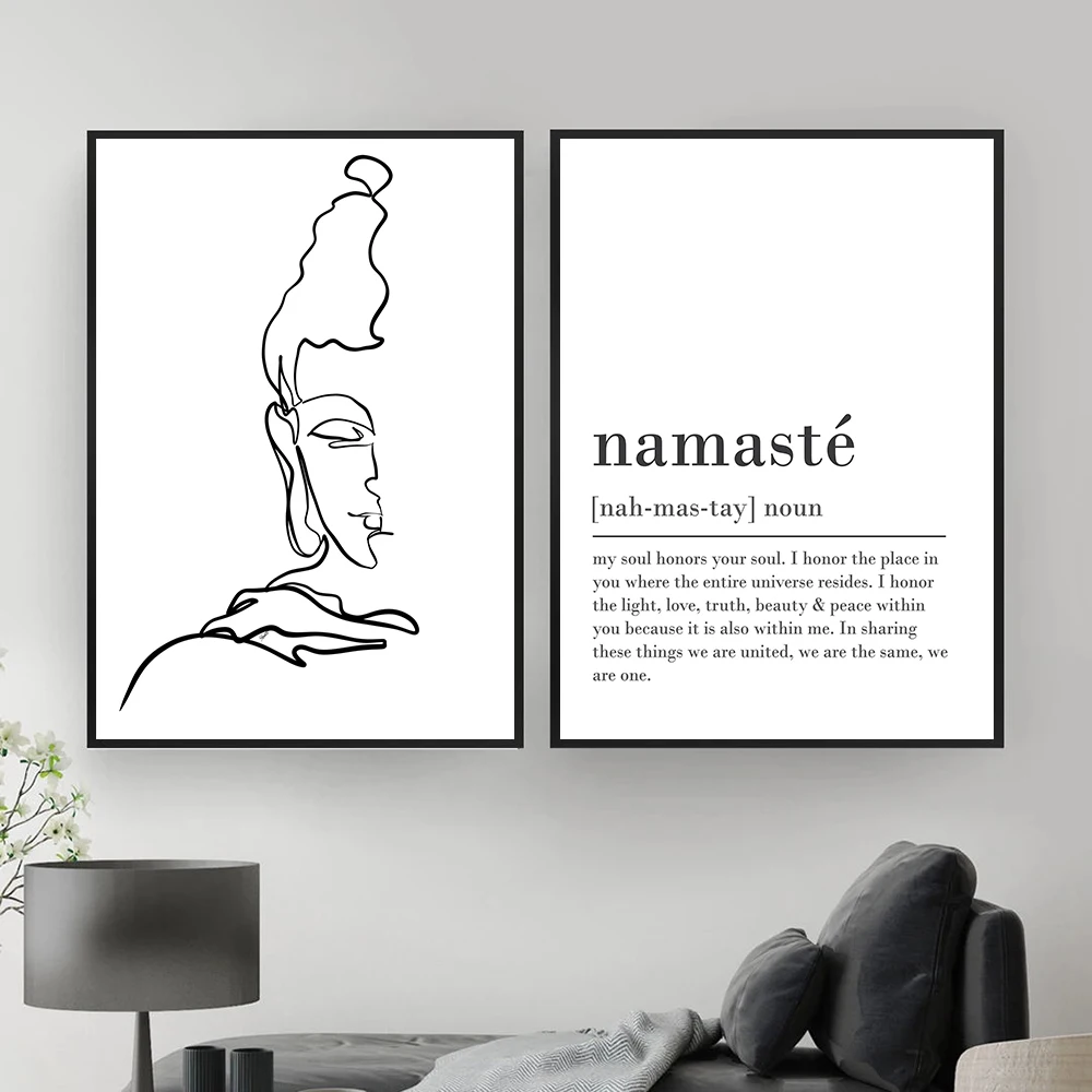 Namaste Definition Print Zen Yoga Canvas Painting Black and White Wall Art Picture Buddha Half Face Minimalist Poster Room Decor