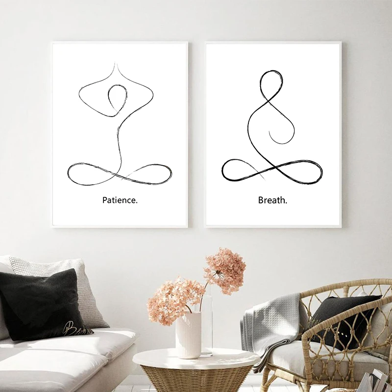 Yoga Wall Art Print Meditation Poster Yoga Symbol Breath Quote Canvas Painting Black White Line Wall Art Picture Gym Yoga Decor