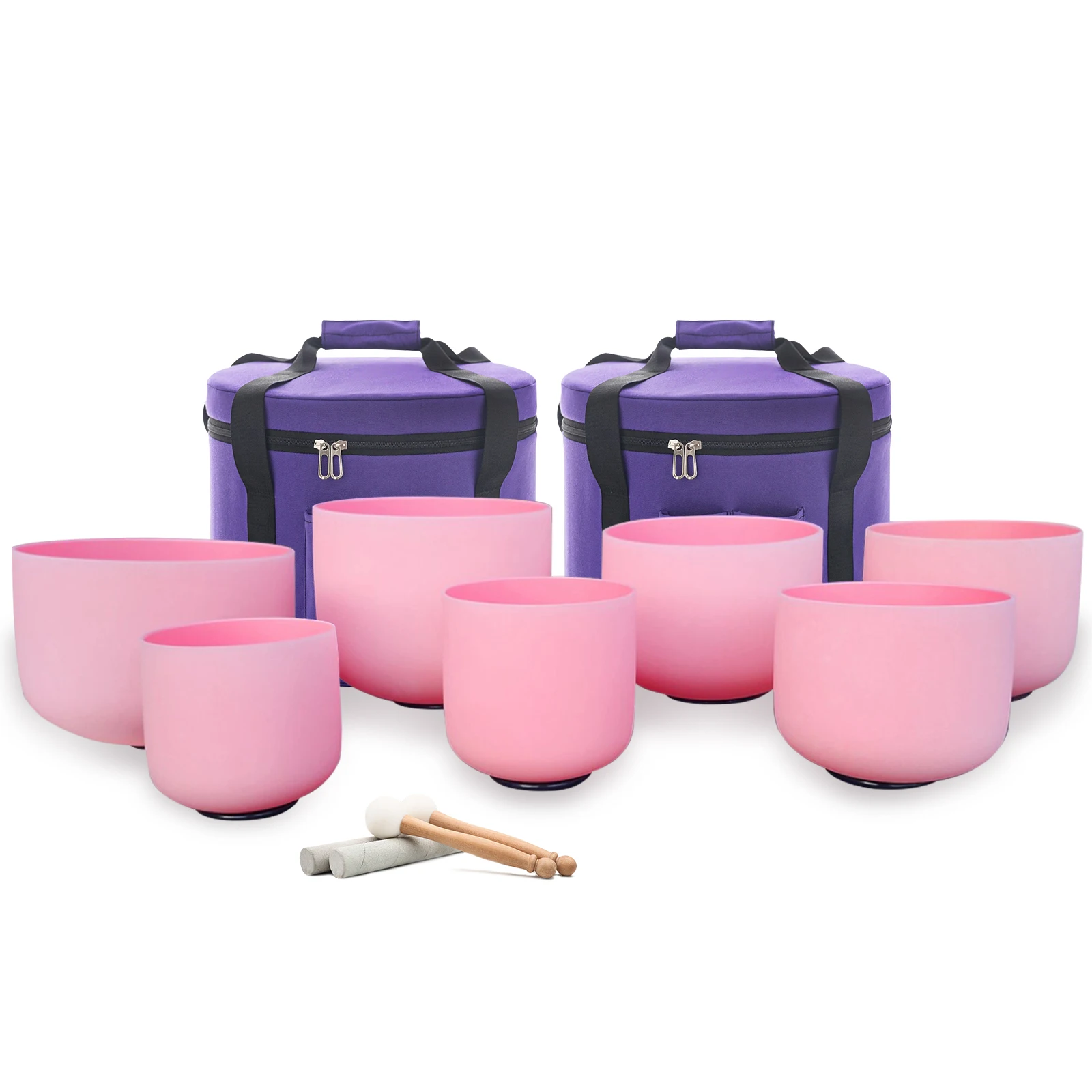 Hye-eun 6-12inch CDEFGAB Pink Colored Crystal Singing Bowls Set of 7 Pcs with Carrying Cases for Meditation Yoga Sound Healing