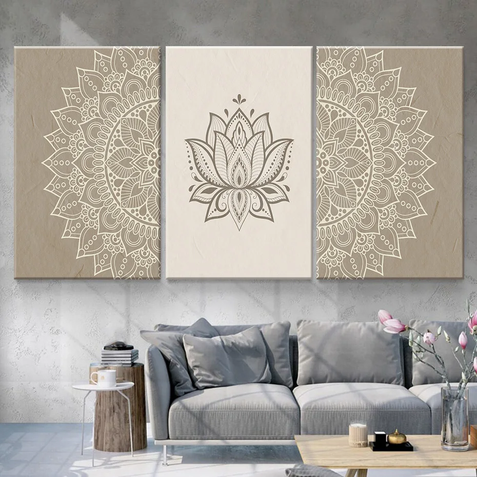 Beige Bohemian Mandala Canvas Painting Wall Art Lotus Abstract Flower Pictures Poster Print Minimalist Yoga Home Decoration