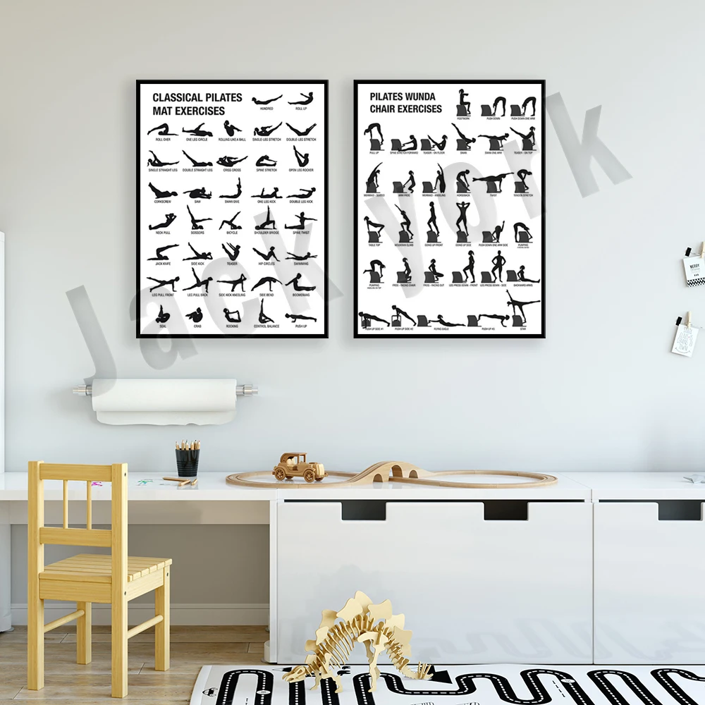 Pilates Exercise Black & White Chart Yoga Wall Art Canvas Painting Nordic Poster Print Living Room Decor Picture, Pilates Gift