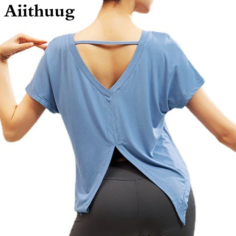 Aiithuug V-Shape Back Split Yoga Top Women’s Short Sleeve Lightweight Breathable Loose Fast Dry Pilates Dancing Fitness Cover-up