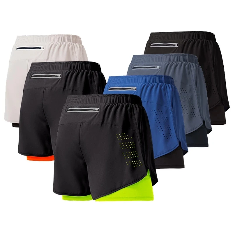 Men’s Running Shorts Quick-drying Fitness Black Double Layer Shorts Men New Sport Workout Training Bodybuilding Short Pants