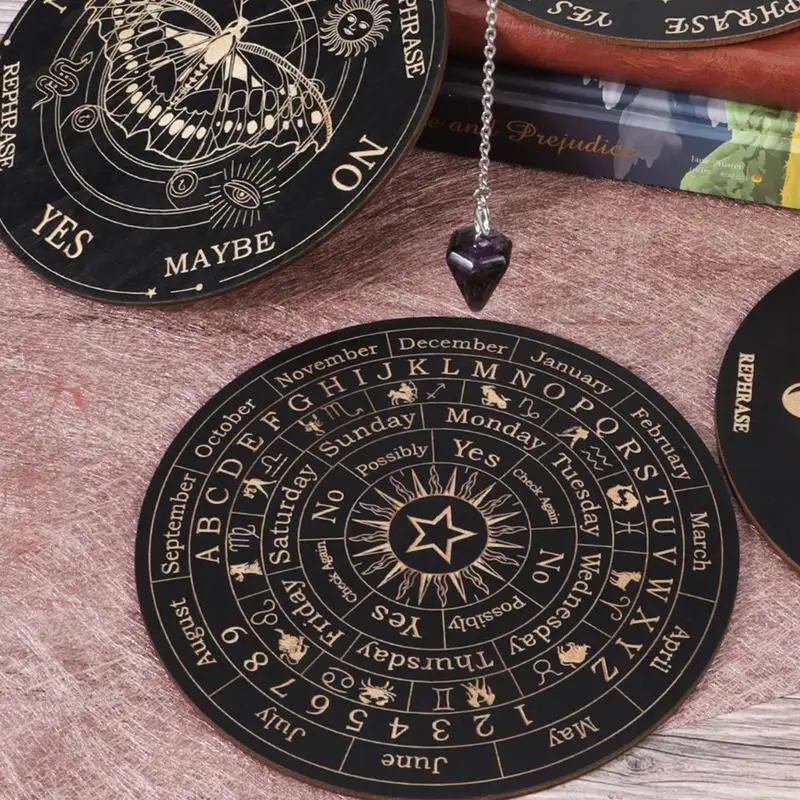 Wooden Pendulum Board with Moon Star Divination Energy Carven Plate Healing Meditation Board Ornaments Metaphysical Altar