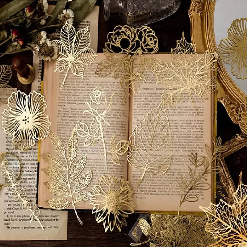 10Pcs Gold Lace Leaf Paper Scrapbook Sticker Die Cut Butterfly Photo Frame Decal for DIY Decorative Diary Album Diary Notebook
