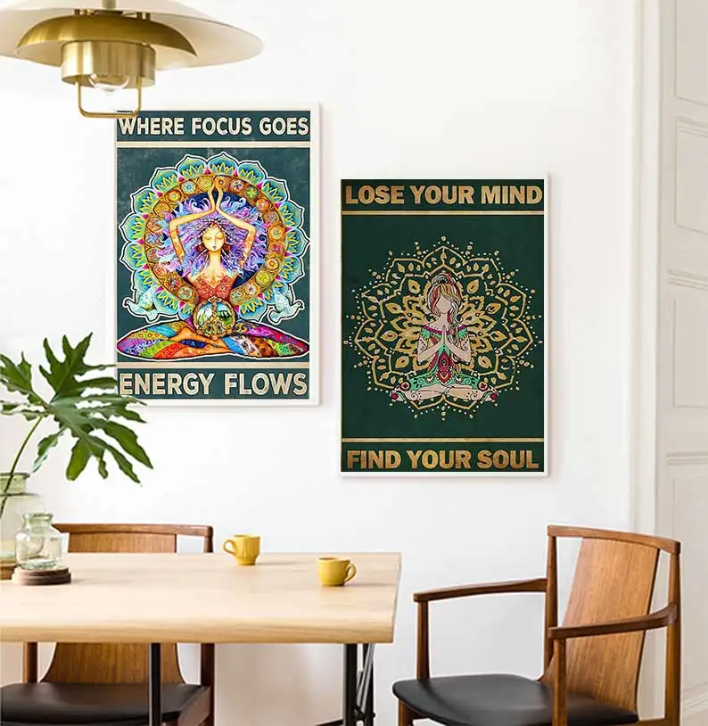 Yoga Poster – Where Focus Goes Energy Flows Poster, Vintage Yoga Girl Wall Art, Namaste Chakra Poster, Hippie Soul Print