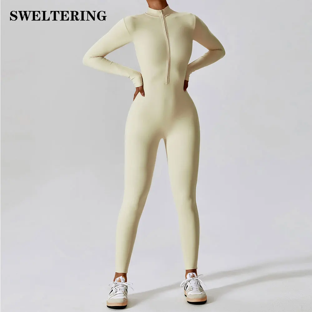 Women’s One-Piece Suit Zipper Nude Long Sleeve Yoga Set Gym Clothes Workout Boilersuit High Strength Sportswear Fitness Bodysuit