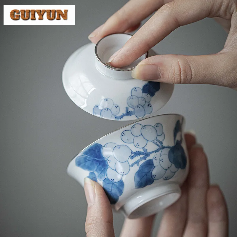 90ml Hand-painted Loquat Gaiwan Elegant Blue and White Gilded Silver Tea Tureen Tea Maker Cover Bowl Chinese Tea Set Collection