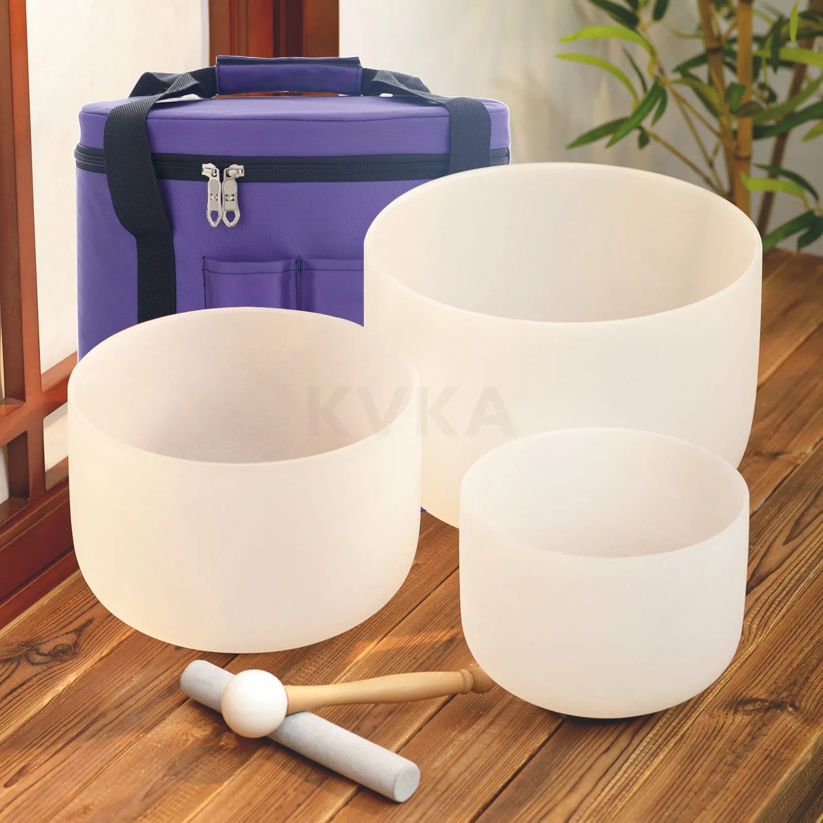 KVKA 432hz/440hz Frosted White Crystal Singing Bowl Set 12″C10″F 8″A Chakra Set of 3 pcs Meditation with Free 12″ Carrying Bag