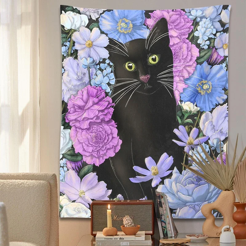 Garden Cat Tapestry Wall Hanging Botanical Flower Purple Blue pink Black Cat Divination Mattress Bedroom Decor Boho Home Decor