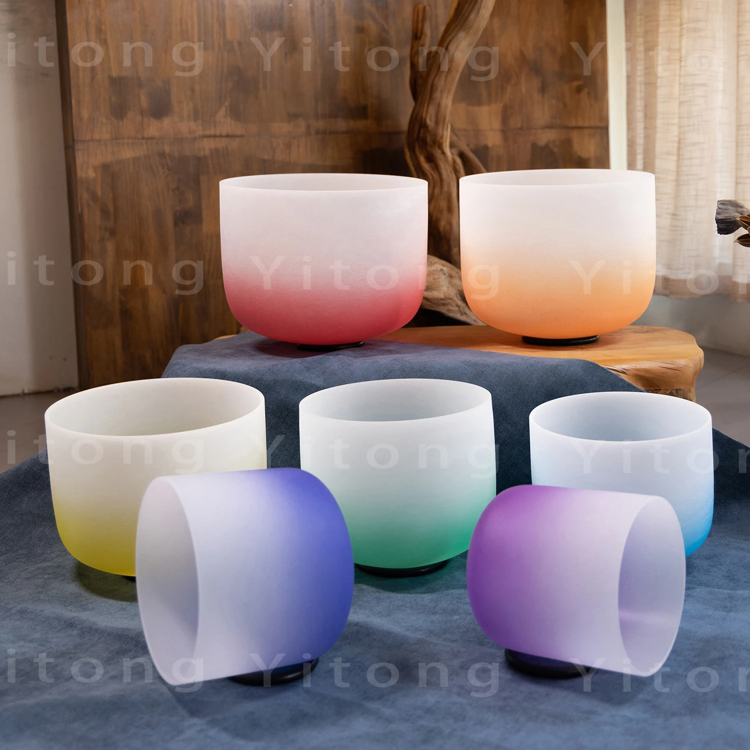 Crystal Singing Bowls 6- 12 Inch 7 Pcs 432 Hz Chakra Quartz Set half colored sing bowl for Sound Healing With Bags