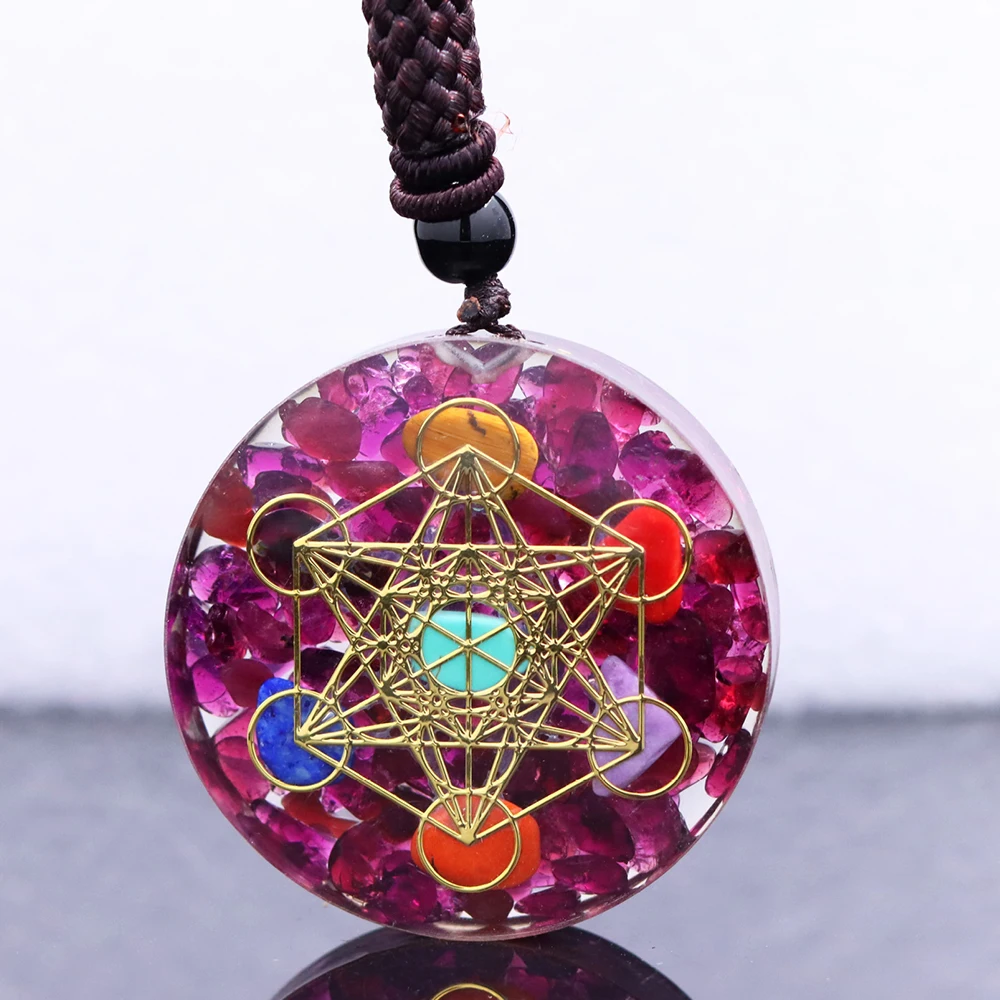 Natural Garnet Chips Stone 7 Chakra Orgonite Healing Pendant Metatron Cube Energy Crystal Meditation Divine Protection Amulet