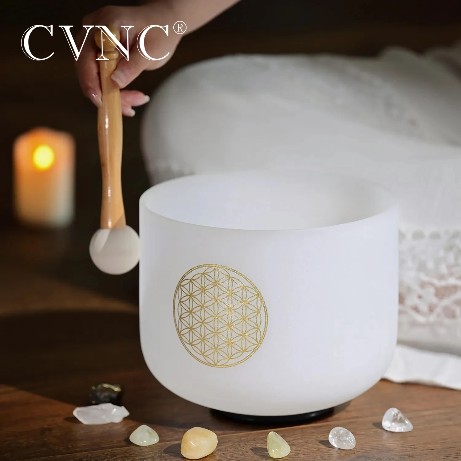 CVNC 8 Inch 528 Hz Life Flower Design Crystal Singing Bowls Quartz Chakra For Sound Healing Instrument Meditiation