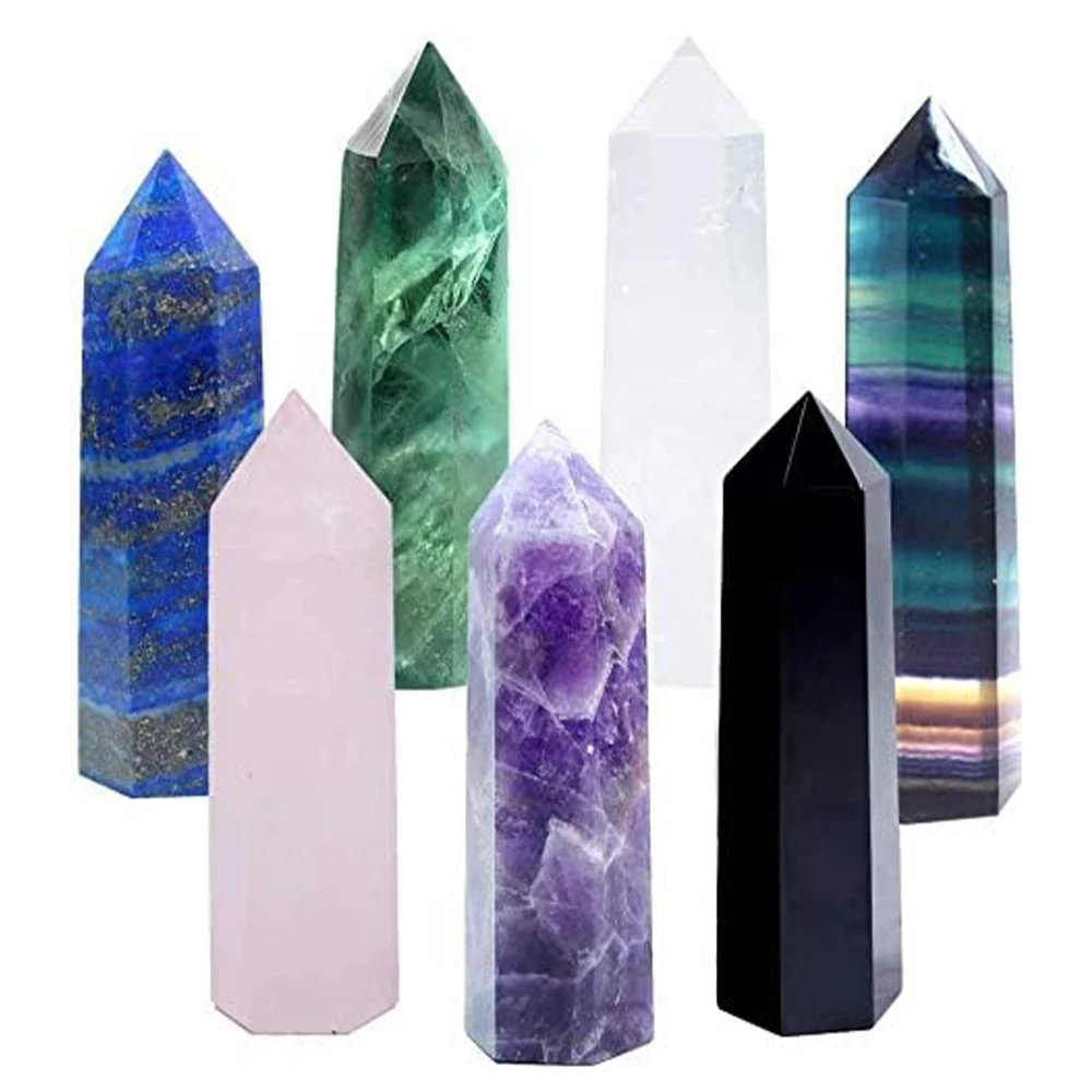 Natural Stone and Crystals Point Wand Witchcraft Hexagonal Prism Obelisk Amethyst Fluorite Mineral Stones Crafts Home Decoration