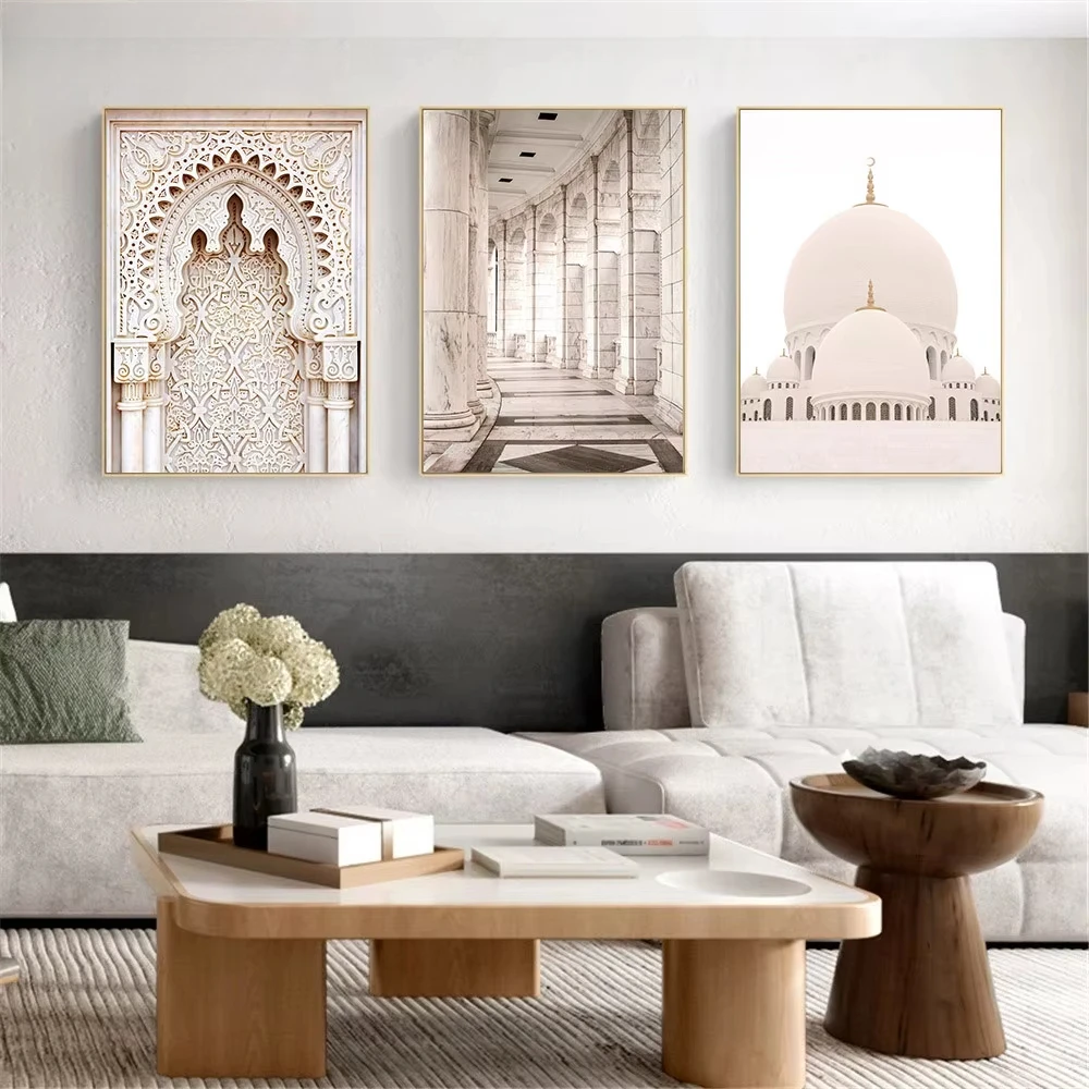 Beige Bohemian Modern Islamic Print Mandala Floral Poster Mosque Morocco Door Canvas Painting Yoga Wall Art Pictures Home Decor