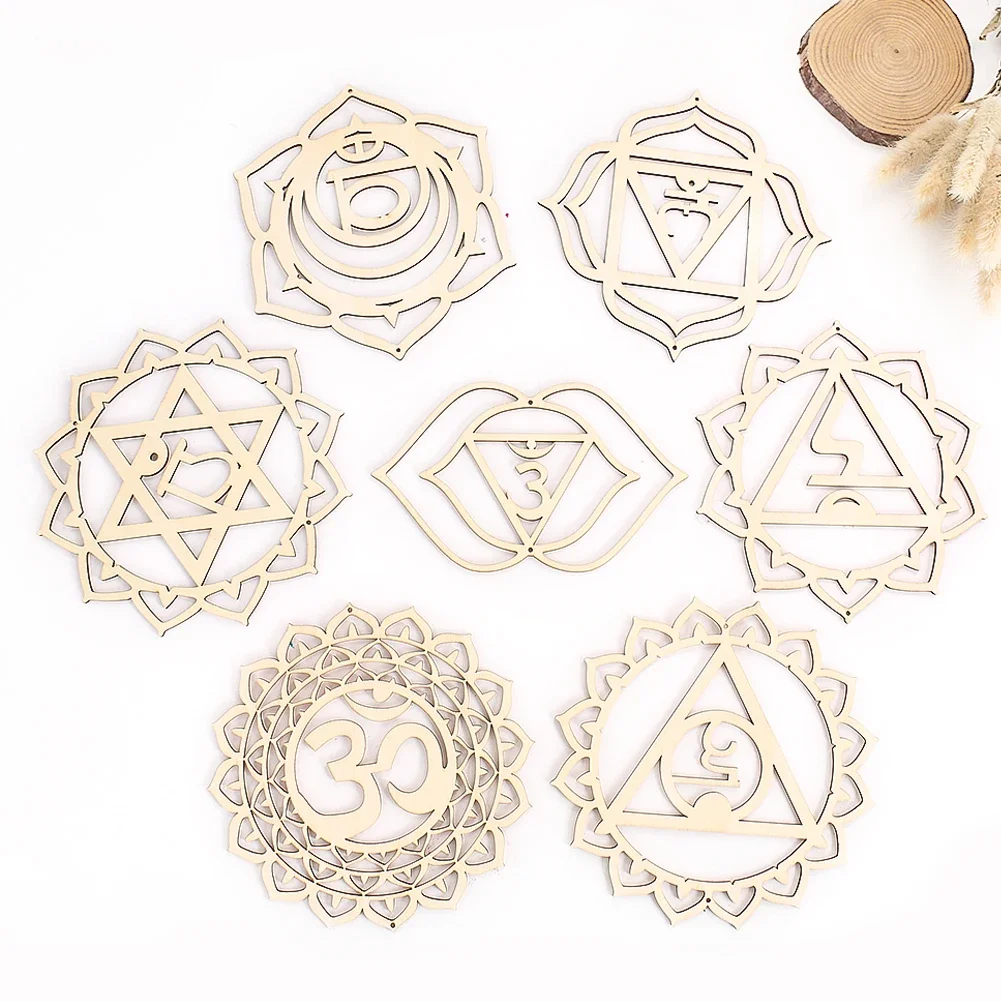 7PC/set 15CM Laser Hollow Chakra Metatron Star of David Wood Pendant Charms Hanging Patanjali Yoga Meditation Wall Hanging Decor