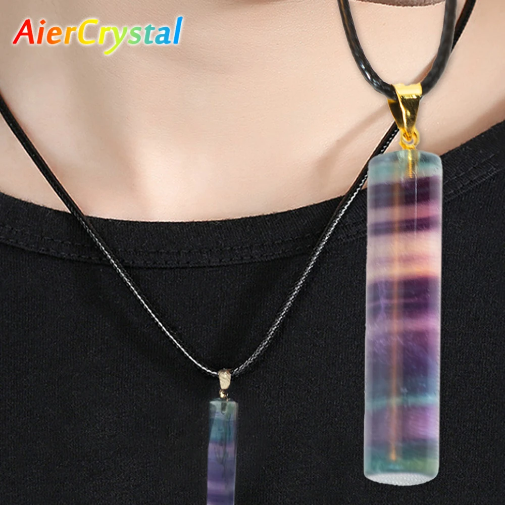 1PC Color Fluorite Column Pendants Necklaces Crystal Suspension Natural Gem Stone Quartz Bullet Reiki Chakra Women Men Jewelry