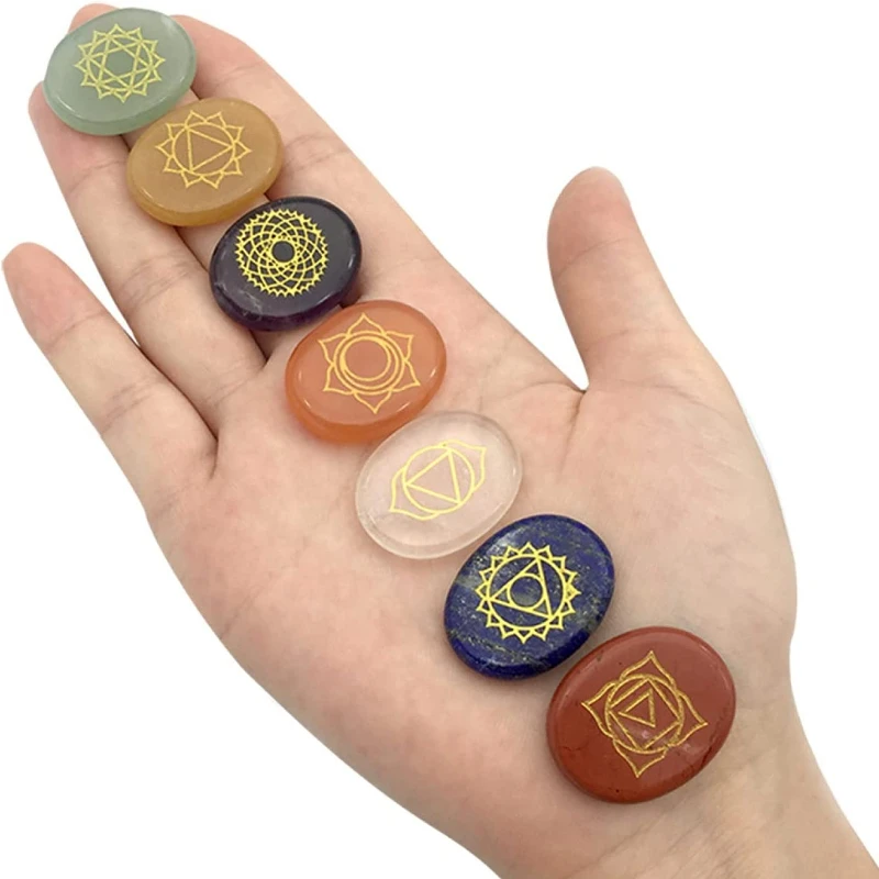 7 Chakra Symbol Crystal Stones Set Natural Reiki Healing Crystal Bulk Palm Polished Pocket Gemstones for Meditation Balancing