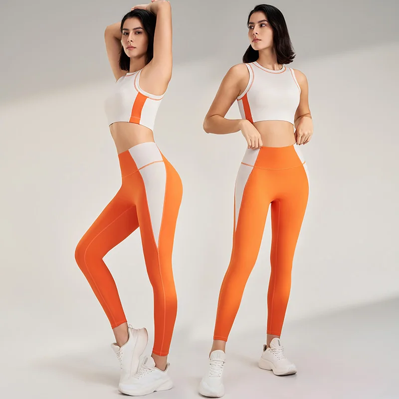 Women’s color clashing quick-drying yoga clothes suit gym training clothes suit gathered undershirt lifting hip tight pants