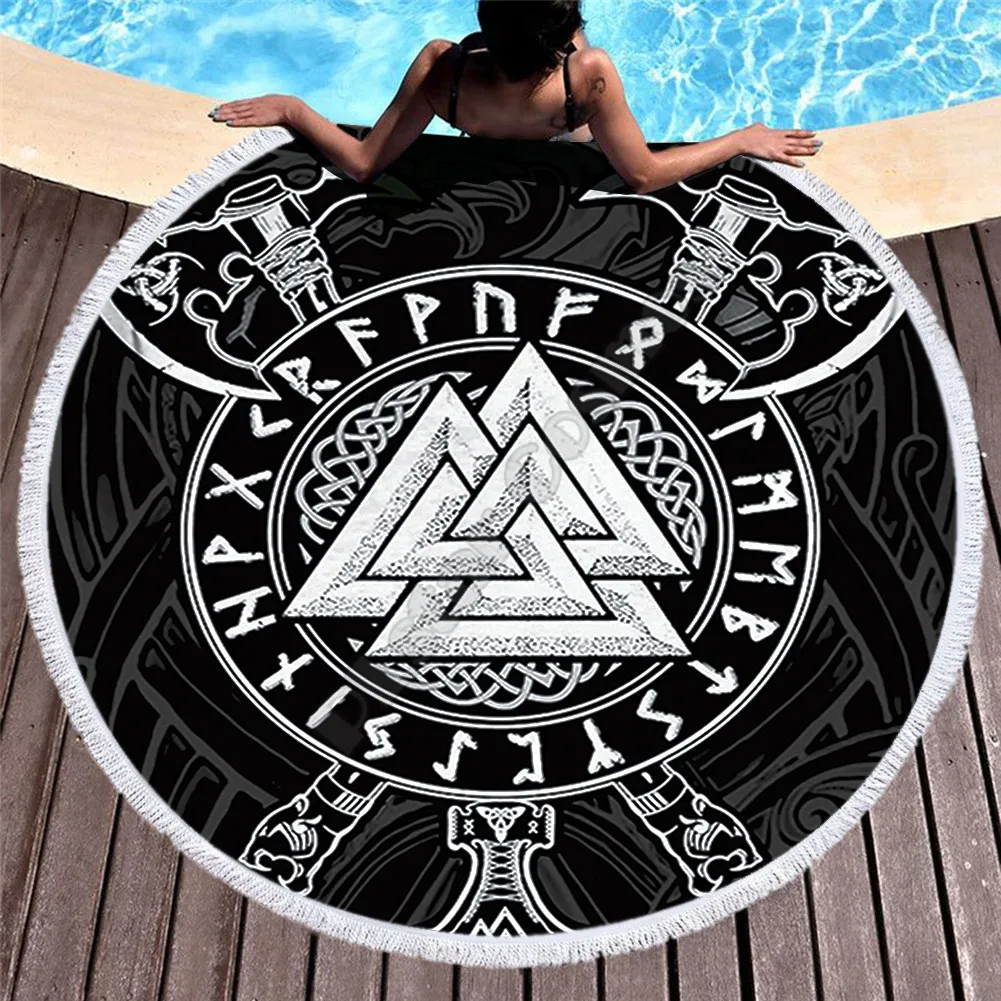 Towel Beach Towel Shawl Fast Drying Swimming Gym Camping Big Round Beach Towel Viking Tattoo 3D Printed Beach Towel 01
