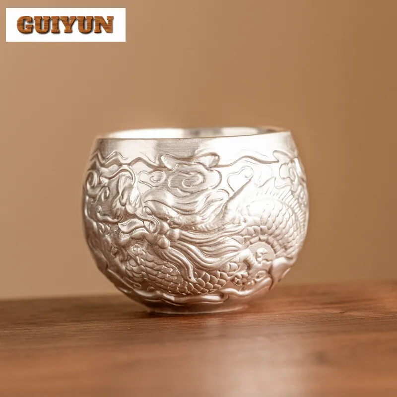 150ml Chinese Relief Auspicious Cloud Arhat Teacup High-end 999 Gilt Silver Master Cup Coffee Mug Tea Bowl Chazhan Kungfu Teaset