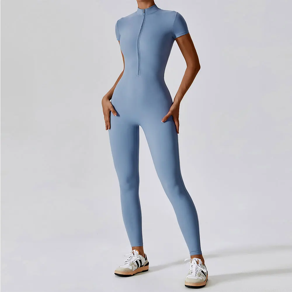 Yoga Set Women’s Jumpsuits One-Piece Suit Zipper Short Sleeve Gym Push Up Workout Clothes Fitness Bodysuit Sportswear Tracksuit