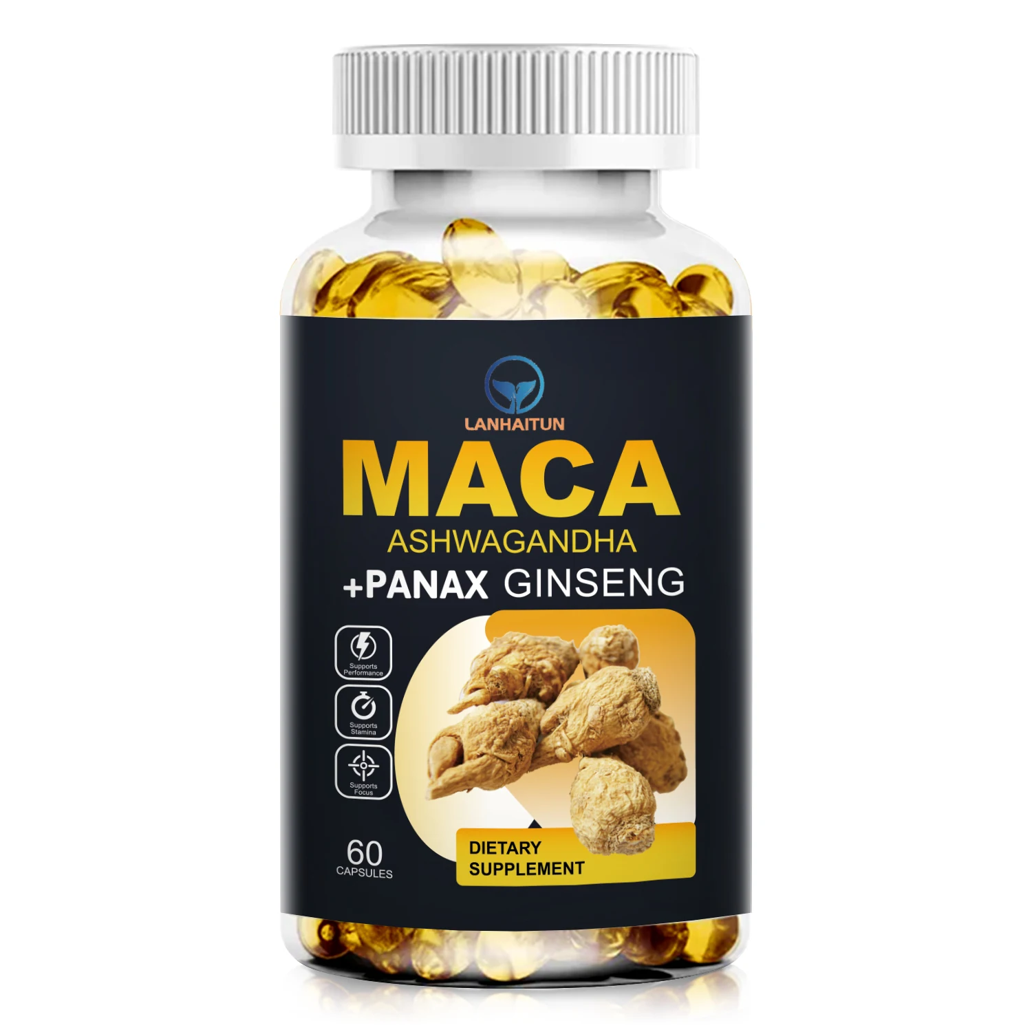 LANHAITUN Maca Capsules With Panax Ginseng, Ashwagandha Extract, Helps Boost Energy, Natural Male Dietary Supplement 60Pcs