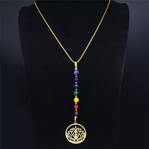 Yoga Lotus 7 Color Chakra Stone Stainless Steel Chain Necklaces for Women Gold Color Long Necklaces Jewelry collar N466S04