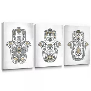 Hamsa Hand Wall Art Boho Canvas Painting Zen Yellow Grey Posters for Rustic Bedroom Living Room Yoga Room Home Decor Picture