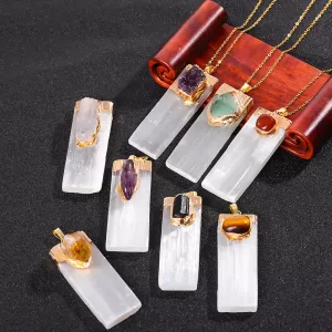 Natural Raw Selenite Inlaid Amethyst Citrine Flat Rectangle Pendant Reiki Healing Crystals Amulet with Golden Plated Cap