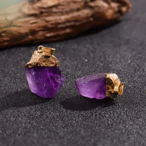 1Pc Natural Amethyst Pendant with Golden Plated Cap Healing Crystal Irregular Raw Stone Handmade DIY Jewelry