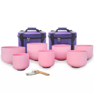 Hye-eun 6-12inch CDEFGAB Pink Colored Crystal Singing Bowls Set of 7 Pcs with Carrying Cases for Meditation Yoga Sound Healing