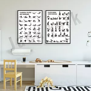 Pilates Exercise Black & White Chart Yoga Wall Art Canvas Painting Nordic Poster Print Living Room Decor Picture, Pilates Gift