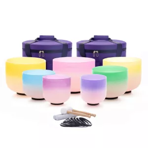 Hye-eun 7-12 inch 432Hz Candy Colored Set of 7 Crystal Singing Bowls Sound Healing with Heavy Duty Carrying Cases Rubber Mallet
