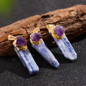 1pc Natural Blue Kyanite Amethyst Crystal Chakra Pendant Reiki Healing Pendant Wrap Golden Edge