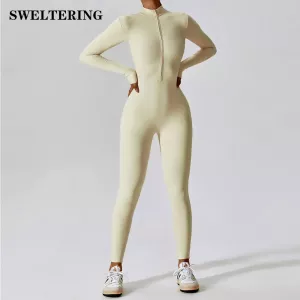 Women's One-Piece Suit Zipper Nude Long Sleeve Yoga Set Gym Clothes Workout Boilersuit High Strength Sportswear Fitness Bodysuit