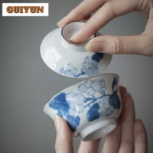 90ml Hand-painted Loquat Gaiwan Elegant Blue and White Gilded Silver Tea Tureen Tea Maker Cover Bowl Chinese Tea Set Collection